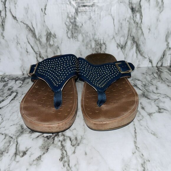 Vionic Flip Flop Capitola Thong Wedge Sandals Buckle Studded Navy Women 9 Summer - Picture 2 of 9
